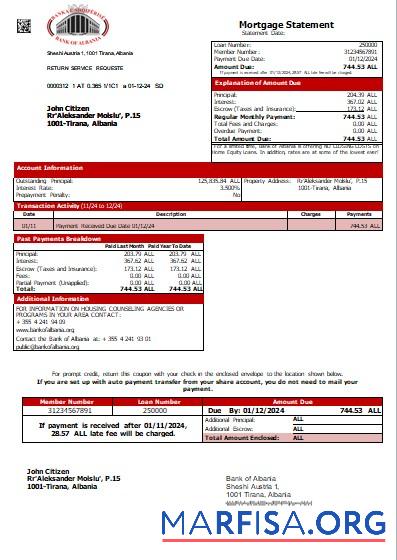 Printable Albania Bank of Albania mortgage statement scr example